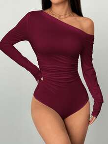 FavEase Body ajustado de manga larga con hombros oblicuos, cintura fruncida y estilo casual para mujer, otoño - Burdeos - Ver 6