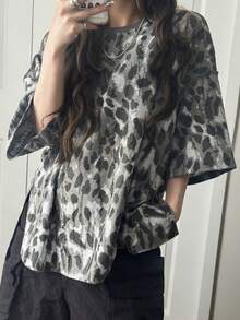 FRIFUL Women's Oversized Round Neck Short Sleeve Loose Leopard Floral Print T-Shirt - White - View 1