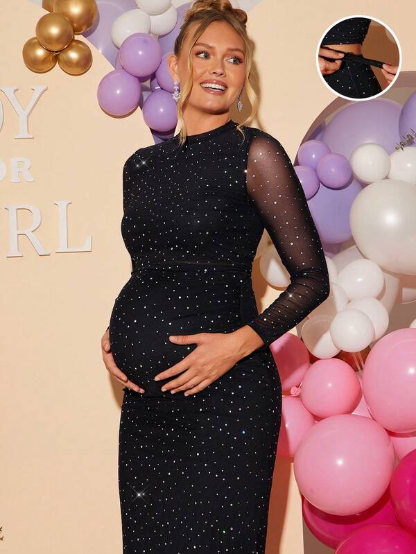 Loomaby 2pcs Maternity Elegant Rhinestone Contrast Mesh Blouse And Skirt Set, Autumn,Gender Reveal Dress,Maternity Dress, Baby Shower Dress