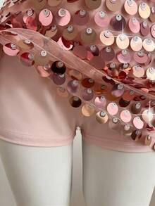 Elamini Women's Retro Sweet & Spicy Low Waist Mini Mesh Sequin Sequins Party Skirt - Pink - View 6