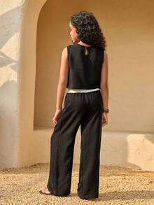 Tween Girls' Casual Vacation Style Relaxed Linen-Like Fabric Sleeveless Top & Wide Leg Pants Set, Black & White Contrast Waist Design, Suitable For Beach Travel And Everyday Wear - Black and White - View 2