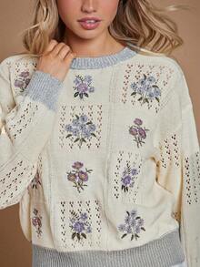 WESTFADE 拼接圆领花卉刺绣混针长袖套头针织毛衣，可爱秋季上衣，休闲波西米亚风女装，乡村西部音乐会风格，秋季，冬日 - 灰色 - 查看 5