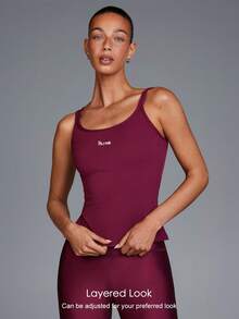 Menodora SHEIN Sport Women's Burgundy Ribbed Berry Performance Cami Top, Summer Athletic Slim-Fit Scoop Neck Spaghetti Straps, Breathable Stretch Knit For Gym & Studio Workouts - Purple - View 6