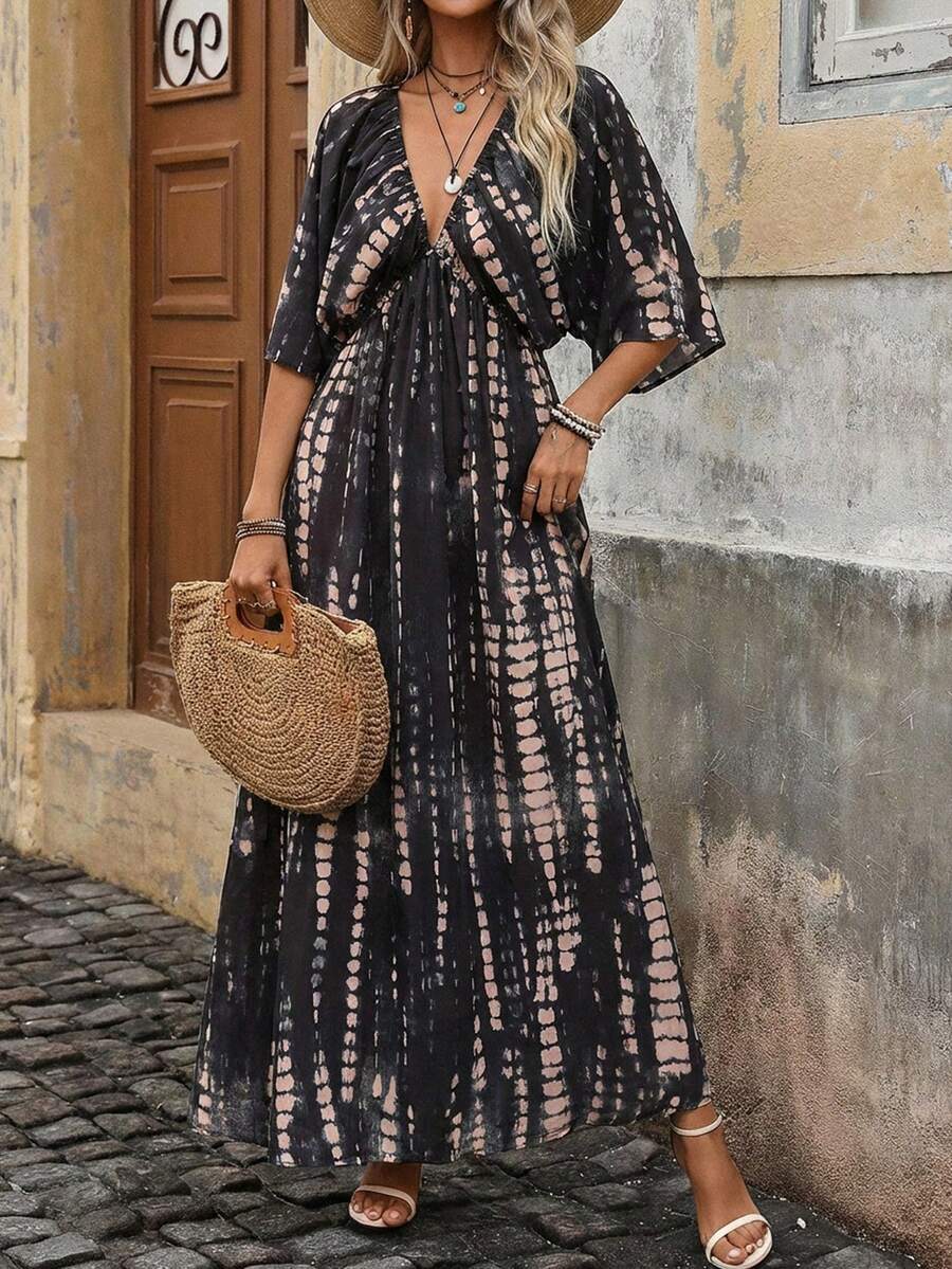 Brillora Đầm nữ kiểu dáng thường ngày, họa tiết nhuộm tie-dye, thích hợp cho kỳ nghỉ. - màu đen - Xem 1