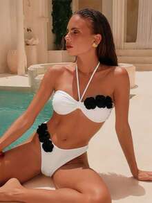 Swim Chiccia Bộ đồ bơi nữ màu trơn in hoa, bikini cho kỳ nghỉ hè ở bãi biển. - trắng - Xem 1