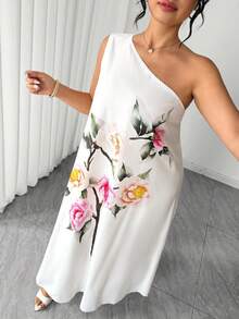 Elenzga 大码女式宽松印花无袖不对称肩部优雅连衣裙 - 米色 - 查看 7