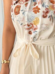 Elenzga Mono de pierna ancha con cuello de halter plisado y estampado para mujer de talla grande, estilo elegante y romántico para citas de primavera/verano. Monos elegantes y bohemios para mujer, conjuntos de ropa de vacaciones, atuendos de verano para mujer, atuendos de primavera para mujer, vestidos, atuendos de boda para mujer - Albaricoque - Ver 7