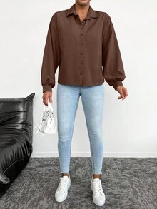 EURMUSE Women's Solid Color Front Button Elegant Office Long Sleeve Shirt - Brown - View 5