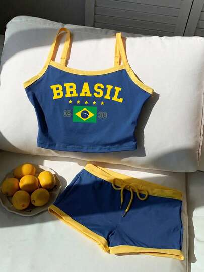 Comfortcana Women's Summer Brazil Flag Colorful Letter Print Crop Top And Shorts Set, Sports Fan Merchandise