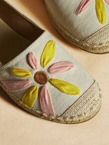 Rosivie 女士平底鞋，绳编鞋，撞色拼接花卉渔夫鞋，草编系带棉绳，波西米亚风度假沙滩日常编织一脚蹬休闲优雅时尚校园风 - 米色 - 查看 7