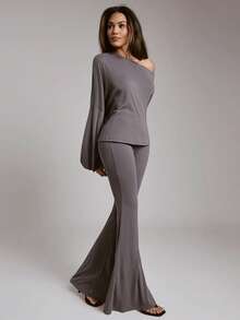 Hauture Women's 2 Pieces Set Off Shoulder Semi Sheer Knit Loose Top With Flare Maxi Pant - Grey - View 1