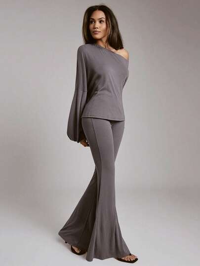 Hauture Women's 2 Pieces Set Off Shoulder Semi Sheer Knit Loose Top With Flare Maxi Pant