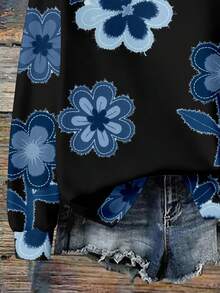 EMERY ROSE Plus Size Women Floral Print Denim-Look Crew Neck Long Sleeve Casual Loose Sweatshirt - Multicolor - View 3