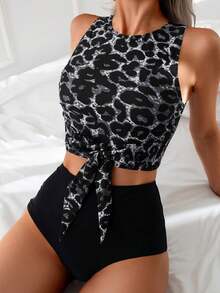 Swim Lushoire Bộ đồ bơi tankini quây ngực thắt nút họa tiết da báo mùa hè dành cho nữ - Đen và trắng - Xem 1