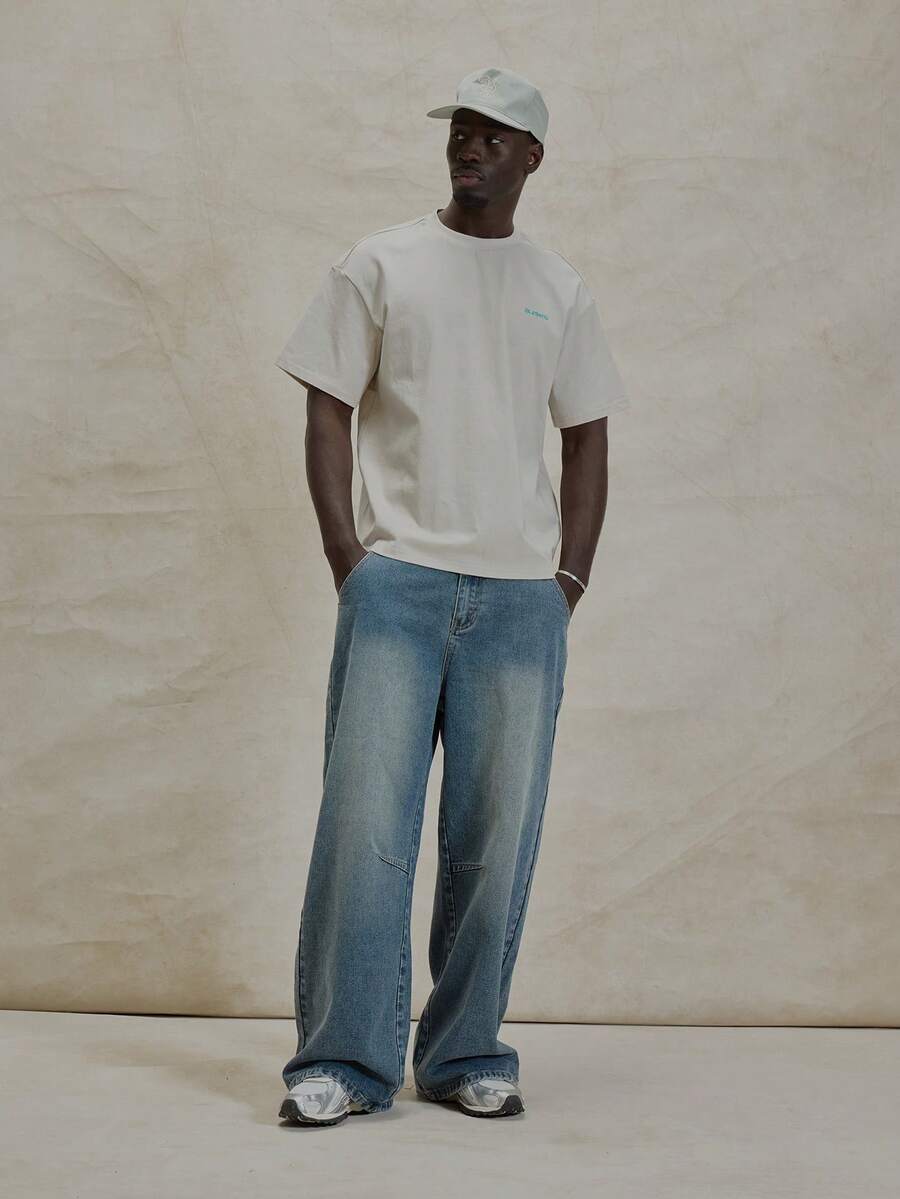 Musero 宽松水洗牛仔裤，缝线纽扣门襟，配有腰带环，冬季必备街头风单品 - 中等水洗藍 - 查看 1