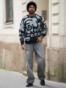 Heavens Edit Men's Casual Loose Kitten Graphic Knit Sweater, Crew Neck Long Sleeve Pullover, Streetwear For Autumn/Winter - Grey - View 1