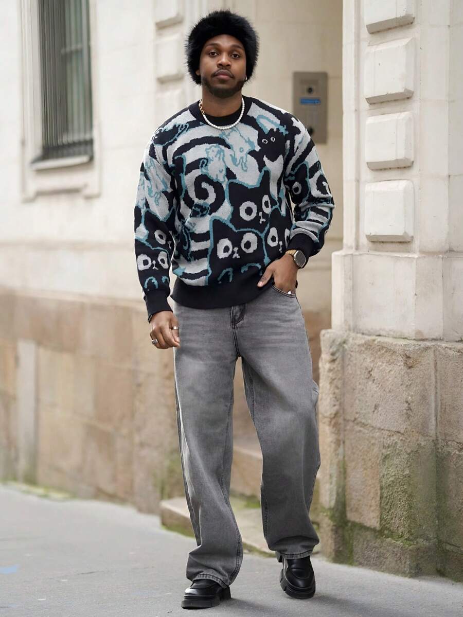 Heavens Edit Men's Casual Loose Kitten Graphic Knit Sweater, Crew Neck Long Sleeve Pullover, Streetwear For Autumn/Winter - Grey - View 1