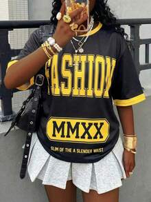 Rovax Damen Schwarz & Gelb Kontrast Buchstaben Muster T-Shirt,Retro Amerikanischer Streetwear Stil Sommer Lässig Rundhals Oversized Baggy Top,Städtetrip - Schwarz - Übersicht 3