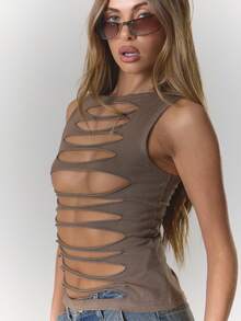 MUSERA 极致做旧斜裁长款背心，性感优雅，适合冬季、反乌托邦派对、圣诞节、优雅假期、春夏夜生活。 - 巧克力棕 - 查看 5