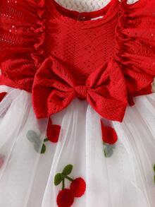 Newborn Baby Girls Cute Flutter Sleeve Bow Hem Tulle Mesh Princess Dress - Red - View 3