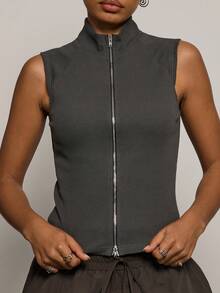 COUREZ Sleeveless Double Ended Zip Thru Jersey Top /Y2K Spring For Women Cute Sexy Top For Women Going Out Party Rave Summer Top Summer - Black - View 6