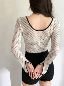 FRIFUL Women's Sheer Polka Dot Mesh Layered U-Neck Backless Slit Sleeve Slim Fit Blouse, Suitable For Spring - Beige - View 3