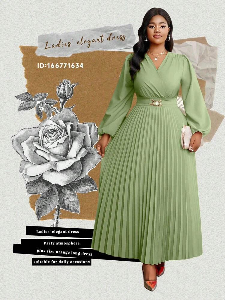 Fleurora Plus Size Green Pleated Dress, Fashionable For Summer Church Dresses For Women Festival Summer Dress  Spring Outfit Women  Party Dress  Elegant Dresses For Party  Wedding Guest Dress For Women Formal Dresses For Women Vacation Outfits Women Stylish Clothing Collection Plus Size Dress Maxi Dress Long Sleeve Dress Pleated Skirt Dress - Mint Green - View 6
