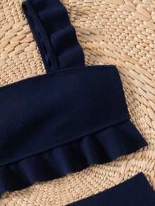 Swim Vcay 方领荷叶边比基尼套装，露脐上衣和短裤 - 寶藍色 - 查看 6