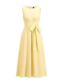 Ellevyn 女士优雅黄色纹理面料圆领系带A字口袋连衣裙，适合度假、通勤、海滩、旅行、约会及多种场合。 - 鵝黃色 - 查看 7