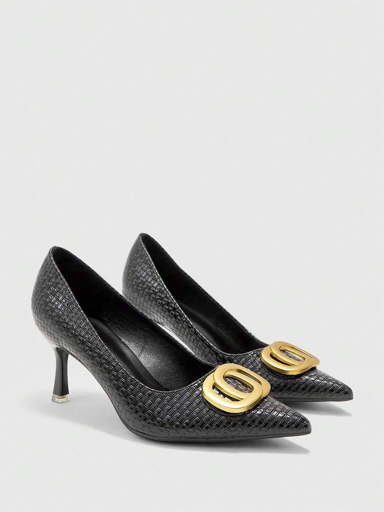 CUCCOO BIZCHIC New Burgundy High Heel Fashion Elegant Pointed Toe Metal Buckle Suede Comfortable Women High Heel Pumps For Christmas - pitch black - View 7