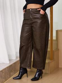 SHEIN Tall CURVE 大码女式时尚PU弯曲裤棕色皮裤女式皮裤，棕色裤子，休闲女式，优雅，毕业典礼 - 棕色 - 查看 4