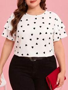 SHEIN Clasi 大码优雅爱心印花圆领荷叶袖衬衫，夏季 - 白色 - 查看 1