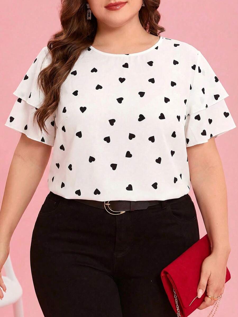 SHEIN Clasi 大码优雅爱心印花圆领荷叶袖衬衫，夏季 - 白色 - 查看 1