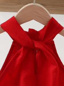 SHEIN Vestido sin mangas de línea A con lazo con diamantes de imitación y brillos para niña preadolescente - Rojo - Ver 3