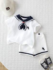 SHEIN 3pcs/Set Unisex Baby Boy Sailor Style Outfit,White Summer Knit Top,Shorts & Navy Blue Cape Set,Elegant Page Boy Clothes For Wedding Christening Gift - White - View 8