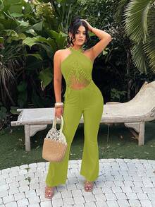 SHEIN SXY Solid Color Sleeveless Fashionable Hollow Out Halter Textured Fringe Jumpsuit - Green - View 6