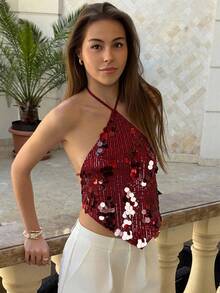 Aloruh Áo hở lưng gợi cảm đính sequin dành cho nữ, áo mùa hè đi biển, áo đi nghỉ mát, áo phong cách boho nhiệt đới, trang phục đi xem hòa nhạc, lễ hội âm nhạc, nhạc đồng quê, Ibiza, Nashville, trang phục miền Tây, phong cách boho đường phố, phong cách nhiệt đới, gyaru miền Tây, áo mùa hè dễ thương. - Màu Đỏ Sâu - Xem 3