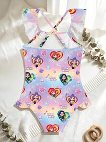 Sparklyn Young Girl Gradient Color Heart & Letter Print Cartoon Character Beach Vacation One-Piece Swimsuit, Summer - Purple - View 2
