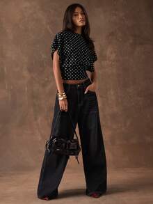 SHEIN BAE 女士休闲波点印花蝙蝠袖短款T恤，夏季 - 黑色 - 查看 4