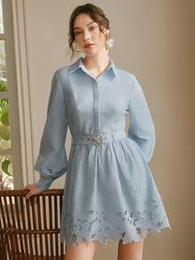 Anewsta Women's Hollow Out Embroidery Mini Dress, Fashionable For Valentine's Day, Women's Day, Mother's Day, Birthday, Date Night, Vacation - Blue - View 7