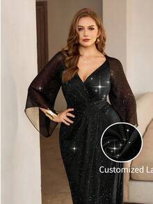 Flirla Stunning Plus Size Black Sparkle Long Dress With Three Quarter Split Sleeves Wrap Detail And V Neck For Parties - Black - View 3