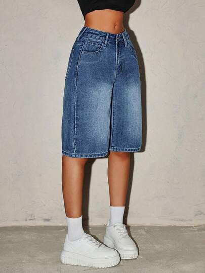SHEIN ICON Celana Pendek Denim Wanita Kasual Sehari-hari dengan Kantong dan Kancing