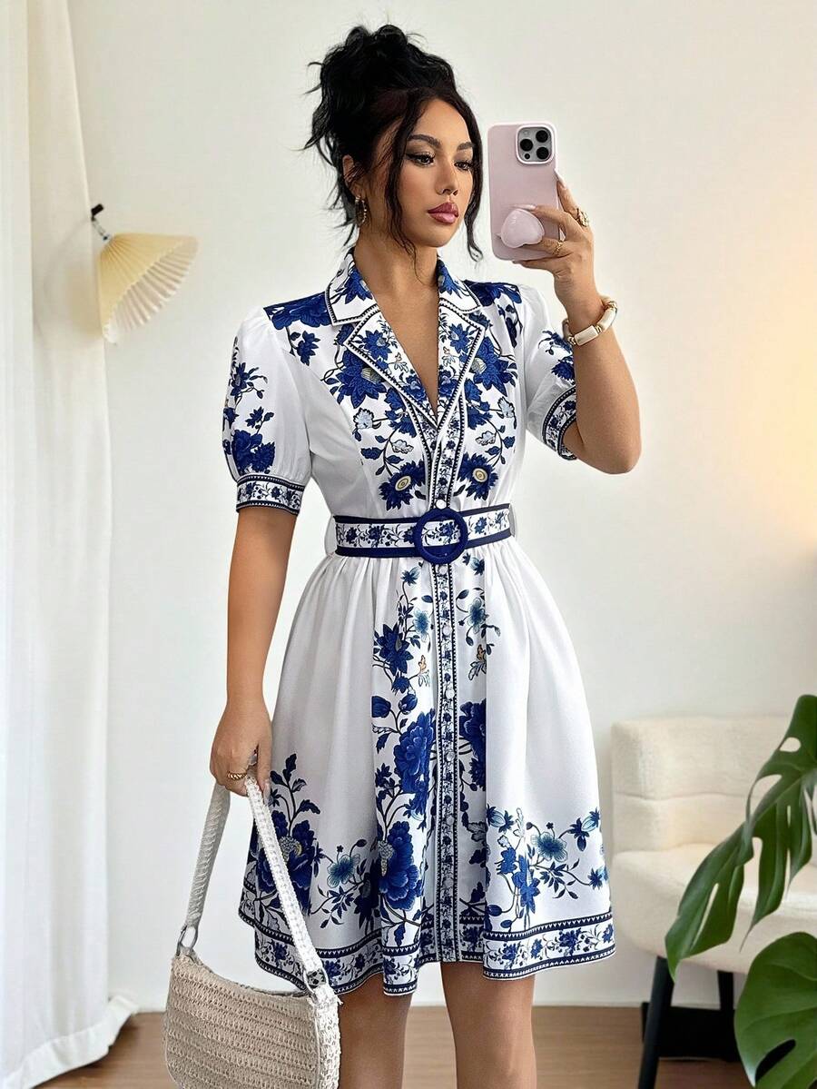 Rafferiza Bộ trang phục nghỉ mát lãng mạn, thanh lịch dành cho nữ, váy ngắn tay ngắn in hoa màu xanh trắng, eo thon, thích hợp cho mùa xuân/hè. - Nhiều màu - Xem 1