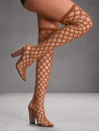 CUCCOO SZL Pointed Toe Chunky Heel Sexy Captivating Hollow-Out Design Stage Party Fashion Thigh High Boots For And Spring Shoes Spring Break Easter Valentine's Day