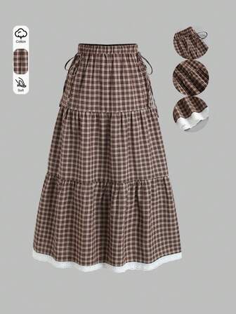 Sweetra Falda elegante de dama fresca con diseño de cuadros franceses, estilo universitario vintage, dobladillo con patchwork, encaje dulce, decoración de lazo para primavera/otoño