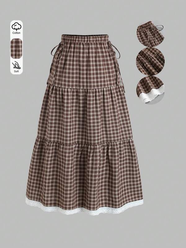 Sweetra French Plaid Design Vintage Collegiate Layered Hem Patchwork Sweet Lace Spring/Autumn New Fashion Bow Decor Fresh Elegant Lady Skirt