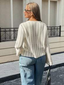 Lounesse 大码女式镂空杏白色长袖轻薄开衫，花卉图案，休闲日常穿着，适合外出和度假 - 杏色 - 查看 2