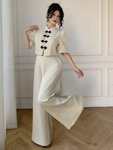 Celisse Women's Elegant Commuter Button-Up Shirt And Wide Leg Pants 2 Pieces Set - Apricot - View 3