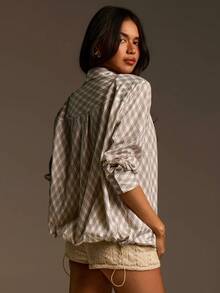 Athîral 女士格子翻领单排扣休闲百搭通勤长袖衬衫 - 彩色 - 查看 4