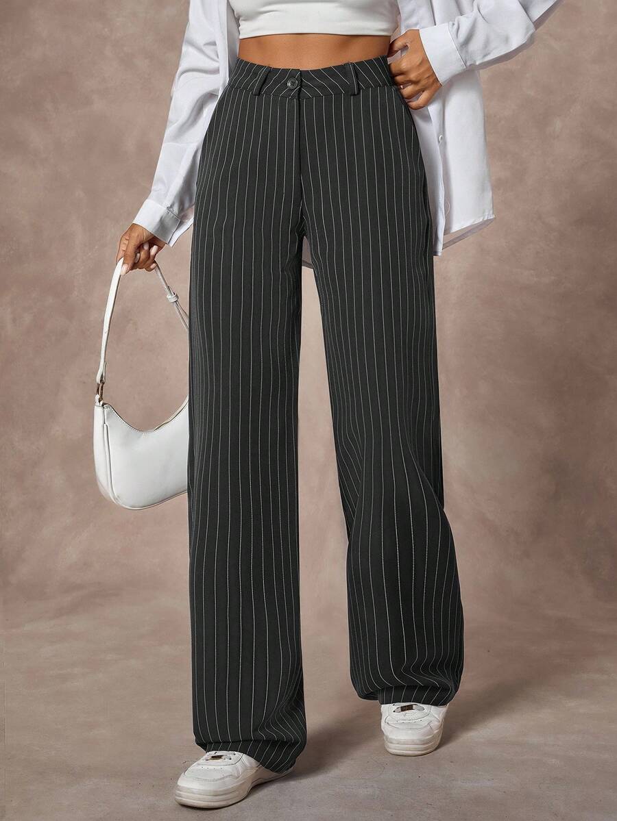 SHEIN Marinblå randiga kostymbyxor med rak passform och knappar framtill för kvinnor - Marinblå - Visa 1